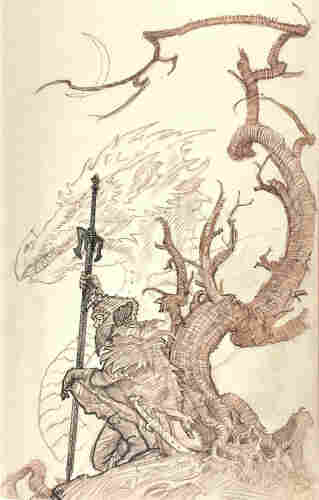 Remarque in brown pencil and some ink featuring Elric down on one knee next to a gnarly and twisted barren tree. As he stares off panel left, he grasps the long black blade of Stormbringer as it stands with tip  in the ground. His other hand rests on his knee. Drawn lighter in the background is the head and sinuous neck of a dragon.
