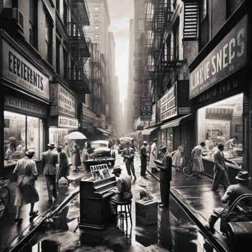 A black and white image with a sepia tone overlay, capturing a bustling mid-20th-century street scene, possibly in New York given the architecture style and signage. People are shown engaging in various activities: walking, conversing, and a man playing an upright piano on the wet pavement. The street is lined with stores boasting signage such as "EEZEVENTS," "LAINE SNEFS," and "FAKBET," suggesting a diverse cultural setting (or that Dall-E sucks as creating text!). Fire escapes adorn the building facades, and vintage cars are parked along the street, adding to the historical ambiance. Sunlight beams down from the overcast sky, creating a dramatic contrast between light and shadow, and reflecting off the wet street to enhance the texture and depth of the image. The scene evokes a sense of nostalgia and portrays a vivid snapshot of everyday life during this era.
