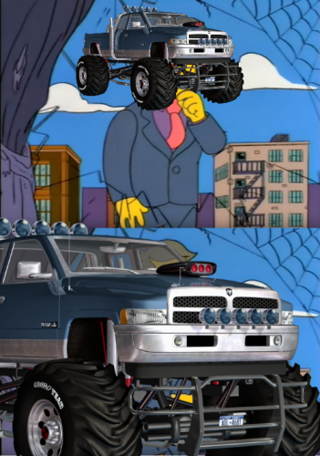 Still image. Edit of "It's the children who are wrong" meme. Two panels, TOP: Seymour Skinner stroking chin, except it's a huge lifted truck. BOTTOM: the truck is much closer now. It's hunting. 