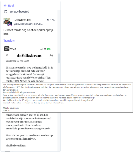 A post by Gerard van Oel in Dutch. There is a screenshot of an article from the newspaper "de Volkskrant". Alt text shows the text of the article in the screenshot.