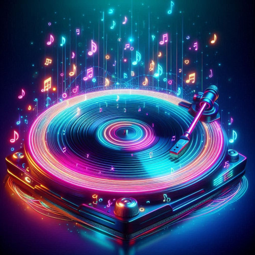 AI image of a neon record player with colorful music notes around it. 