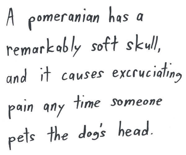 A pomeranian has a remarkably soft skull, and it causes excruciating pain any time someone pets the dog’s head.