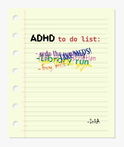 Illustration of a lined notepad with a handwritten "ADHD to do list," including crossed-out items like "redo the meds," "lab work," and "buy milk," showcasing a chaotic approach to task management.