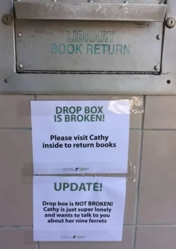 Three signs -- one says Library Book Return and is on a book drop return slot.
Drop box is broken! Please visit Cathy inside to return books
Update!
Drop box is NOT BROKEN! Cathy is just super lonely and wants to talk to you about her nine ferrets.