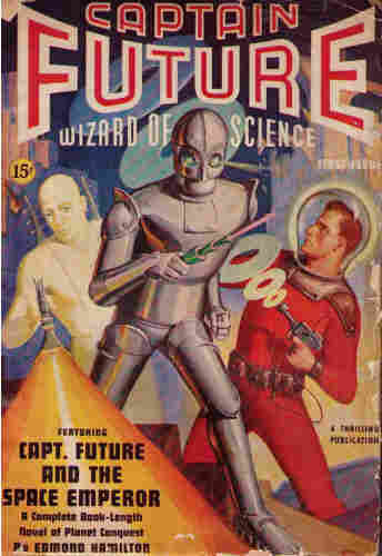 Cover des allerersten CF-Romans, erschienen Jan. 1940. Das Cover stammt von George Rozen. Zu sehen sind Grag in der MItte, rechts der Captain und links Otho der Androide.