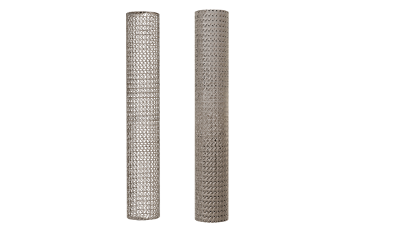 Two cylindrical meshes, about 1.5m tall. On the right, the mesh looks much cleaner and transparent. On the left it looks similar... but a bit like the mesh has been wrapped multiple times.