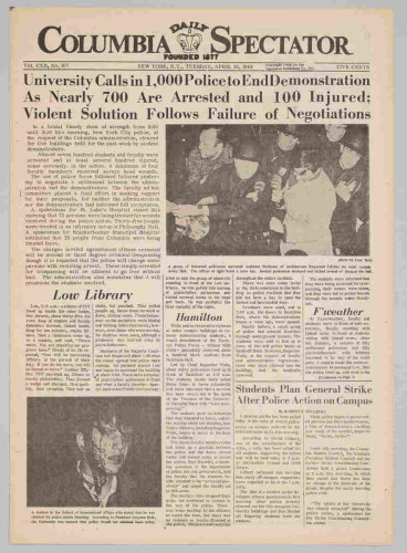 Scan of the front page of the Columbia Spectator, April 30 1968 issue.