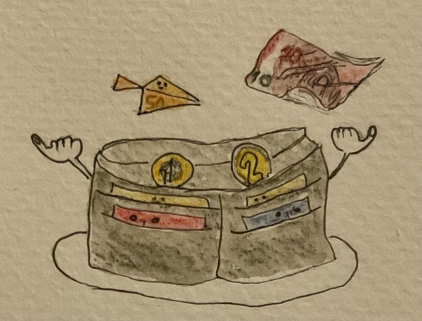 A cartoon drawing of an open wallet with arms that appears to be dancing. Inside the wallet are several compartments containing bills and coins. A 1 and 2 Euro stick their heads out. All credit cards have a face. So does the 50 Euro paper airplane flying next to a 10 Euro note above the wallet.