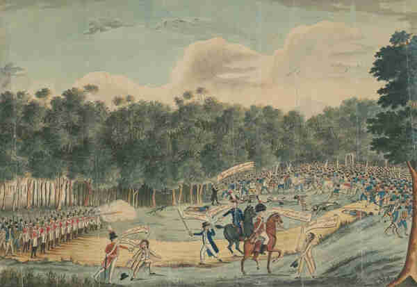 Convict uprising at Castle Hill 1804, unknown artist. National Library of Australia. - https://www.nma.gov.au/defining-moments/resources/castle-hill-rebellion, Public Domain, https://commons.wikimedia.org/w/index.php?curid=99219935