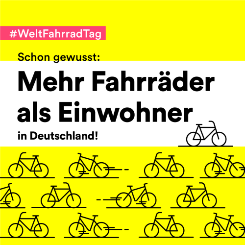 Oben links steht auf einem magentafarbenen Banner in weißer Schrift "#WeltFahrradTag". Darunter steht in schwarzer Schrift auf weißem Hintergrund folgender Text: "Schon gewusst: Mehr Fahrräder als Einwohner in Deutschland!". Darunter befinden sich die Abbildungen von schwarzen Fahrrädern.