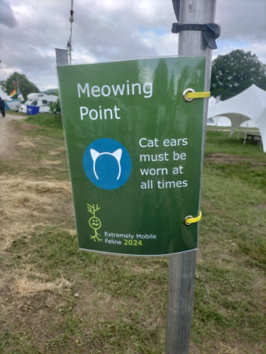 Sign saying "Meowing point, cat ears must be worn at all times"