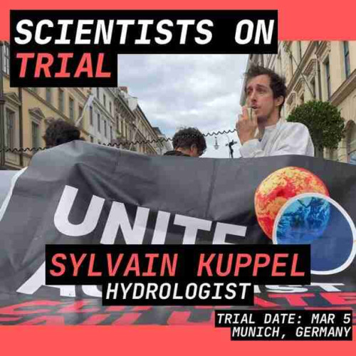 Sylvain Kuppel, Hydrologist

In a lab coat behind a banner, with the  “Unite Against Climate Failure” banner, speaking through a PA system

On trial today, 5th March, in Munich