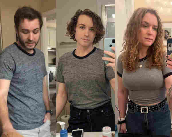 Left: me presenting masc in a gray and black ringer shirt

Middle: me presenting androgynous with the same shirt. 

Right: me presenting femme now with a similar gray and black shirt but in a women’s cut. 