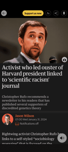 Screenshot from article

"Activist who led ouster of Harvard president linked to ‘scientific racism’ journal"