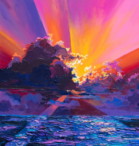 Bright coloured painting of a blue and purple coloured ocean, and a sky with broad wide orange and purple, yellow and pink brushes, with clouds that are coloures in rather sark shades of purple. 