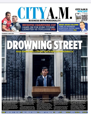 A photograph of UK prime minister Rishi Sunak in heavy rain outside 10 Downing Street