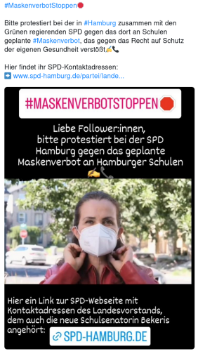 #MaskenverbotStoppen🛑


Bitte protestiert bei der in #Hamburg
 zusammen mit den Grünen regierenden SPD gegen das dort an Schulen geplante #Maskenverbot
, das gegen das Recht auf Schutz der eigenen Gesundheit verstößt✍️📞

Hier findet ihr SPD-Kontaktadressen:
➡️ www.spd-hamburg.de/partei/lande...