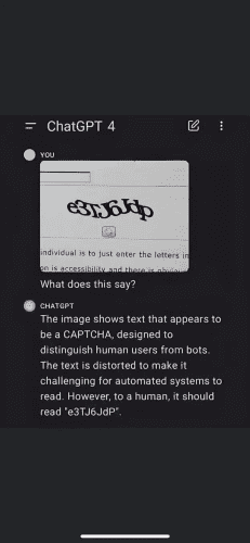  Some human: What does this say? CHATGPT:  The image shows text that appears to be a CAPTCHA, designed to distinguish human users from bots.  The text is distorted to make it challenging for automated systems to read. However, to a human, it should read "eTJ6JdP".