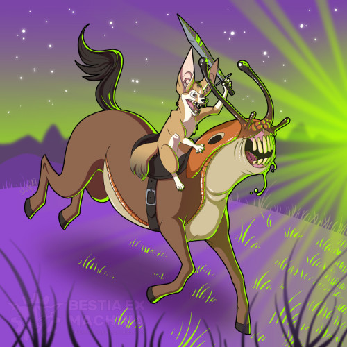 Digital cartoon drawing of a fennec riding a slugtaur against a purple and green background. The fennec is holding a sword in his little hand and the slugtaur is baring it's hilariously gross horse teeth while not-so-majestically galloping along the field.