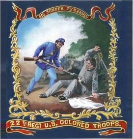 The Civil War flag of the  22nd United States Colored Infantry Regiment, showing a Black soldier capturing (or maybe even bayonetting) a white Confederate officer who's lying on the ground weakly holding a white flag of surrender.