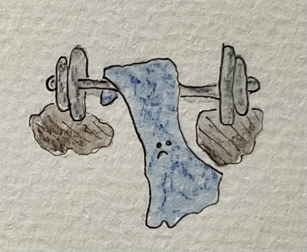 A cartoon of a blue towel looking sad while lying on a barbell with weights. Two puddles are seen where the weights touch the ground.