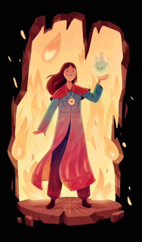 Illustration of a girl wearing a robe and an amulet standing in a cave entrance with flames around and behind her. She is holding out one hand with a water blob floating above it. Both the girl and the water blob are smiling.