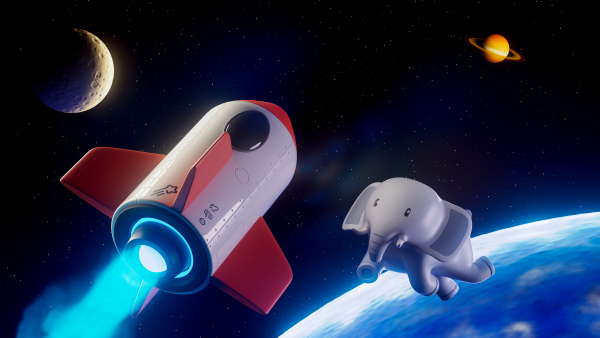 3D rendering of Ivory the Elephant floating in space, staring at a rocket flying by with stars and planets in the background.