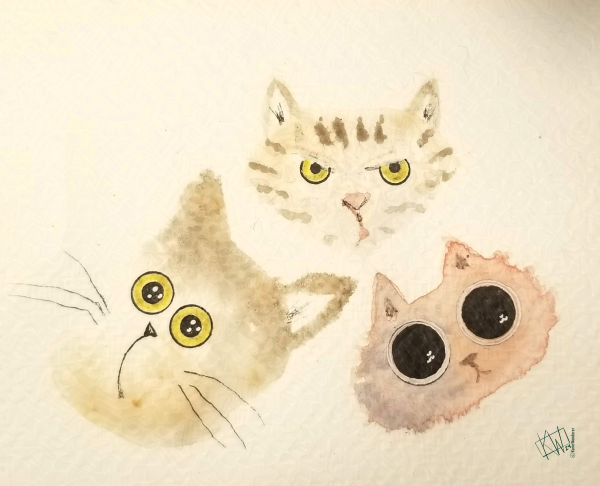 3 watercolor cat faces. Clockwise from left: 
1: cat with big shining .yellow eyes.
2: stripey cat face, glaring like you just ate the last bite of fish.
3: sweet kitten with the biggest, cutest eyes you've ever seen.