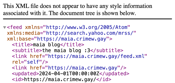 A picture of an RSS feed. It says "This XML file does not appear to have any style information
associated with it. The document tree is shown below." at the top