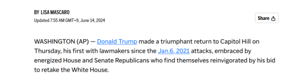 Associated Press lede:

WASHINGTON (AP) — Donald Trump made a triumphant return to Capitol Hill on Thursday, his first with lawmakers since the Jan.6, 2021 attacks, embraced by energized House and Senate Republicans who find themselves reinvigorated by his bid to retake the White House.