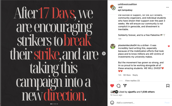 Screenshot of the post from USF Divest coalition on instagram marking the end of the hunger strike