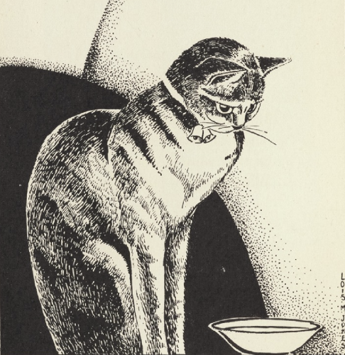 Black ink illustration on off-white background of a shorthaired tabby cat staring very. intensely down at its food bowl as if disapproving of its contents or angry that it's empty. It is wearing a c collar with two little bells. The shapes used are stylized, elongated and rounded in an art deco style.