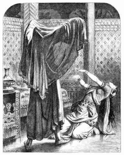 A man seen from behind lifts the veil which was covering his head, causing the woman facing him to sink to the ground
