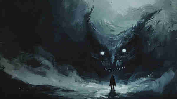 A dark and atmospheric painting where a small silhouette of a person stands facing a massive, monstrous figure shrouded in darkness. The creature’s glowing white eyes are the most distinct features, creating a stark contrast against the predominantly black and grey brushstrokes that give shape to its form. The scene evokes a sense of foreboding and could symbolize an internal struggle or confrontation with one’s fears or darker aspects of the psyche. The painting is powerful, with a strong emotional undercurrent suggestive of themes such as facing adversity or the enormity of one’s personal challenges.