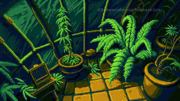 A pixel art depiction of a greenhouse interior. The scene is filled with lush greenery, with several potted plants featuring prominently in the foreground. These plants have long, narrow leaves and are of varying heights, suggesting a thriving, well-tended growth. The greenhouse structure is indicated by geometric, crisscrossing lines that represent the glass panels, which are shaded in dark greens, hinting at either a nighttime setting or a shaded environment. The flooring is composed of large, square tiles in shades of brown. The overall atmosphere is one of a tranquil, verdant growing space, rendered in a charming 16-bit graphic style reminiscent of classic video games.