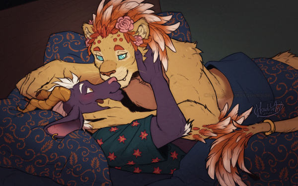 Digital art of a furry couple laying half-covered in a bed - a black goat and a tan lion with feathers for hair. The goat is on his back, lifting a hand up to the lion's cheek. The lion is leaning over the goat, and has his own hand on the other's cheek as well. They are looking at each other with loving expressions.