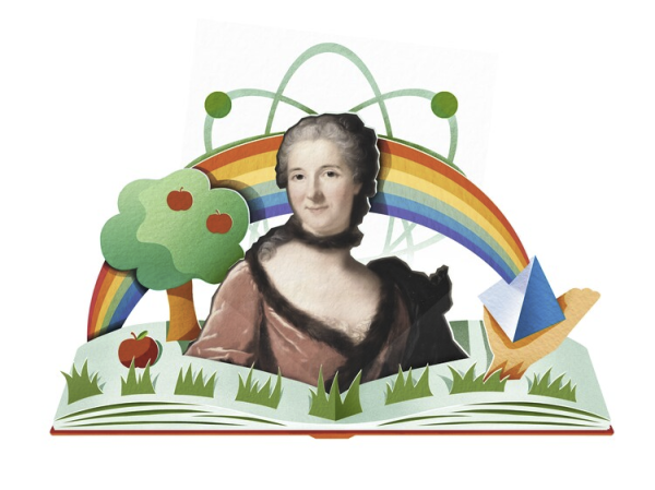 Illustration by Suzan Heijink of Émilie du Châtelet based on a contempary oil painting (author unknown). Du Châtelet is shown with an apple tree and falling apple, a prism and rainbow, and points describing an elliptical trajectory, signifying her contributions to the sciences. Source of this illustration: Trouw newspaper (2022)