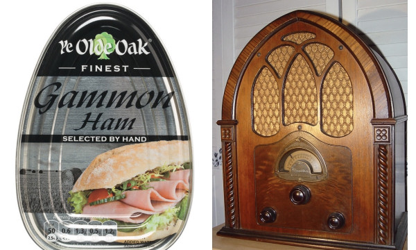 Pictured side by side a tin can of ham produce and an antique radio. They have the same genersl shape: wide vase and rounded pointy top.