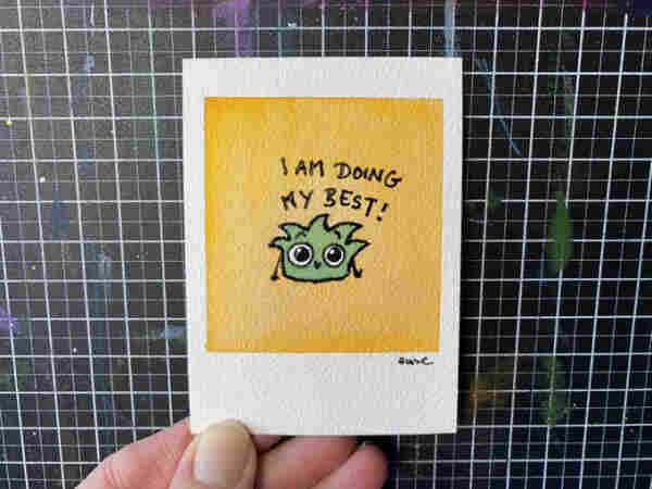 Ein etwas schüchtern guckendes Strüppi. Darüber der Text: "I AM DOING MY BEST!"