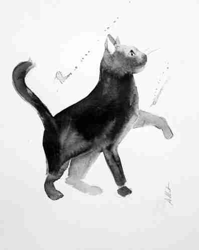 Painting of a cat that is coloured in various shades of grey and black, seen from the right, looking up and with it's left front paw up, to a very light grey background. 