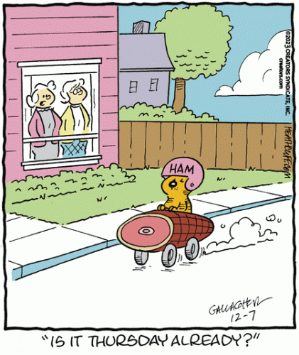 That classic meme of Heathcliff riding a ham-mobile with a helmet on that says "Ham" as two old ladies watch from the safety of a ham-colored house. One of the ladies, Grandma Nutmeg, is speaking. The caption reads, "Is it Thursday already?"