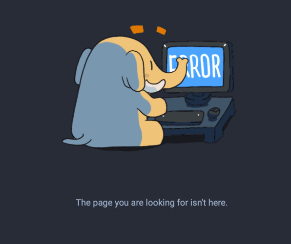 Elephant sitting in front of a computer that says "ERROR", captioned "The page you are looking for isn't there"