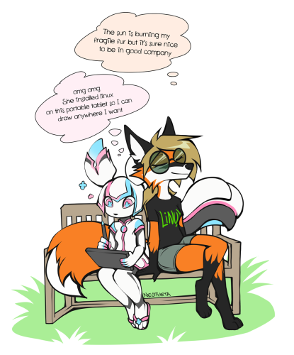 Krita mascot Kiki, a cyber squirrel. And Linux mascot Xenia, a fox girl. They are hanging outside sitting on a bench. Kiki is drawing and thinking: "omg omg She installed linux on this portable tablet so I can draw anywhere I want". Xenia is relaxing and thinking: "The sun is burning my fragile fur but it's sure nice to be in good company"