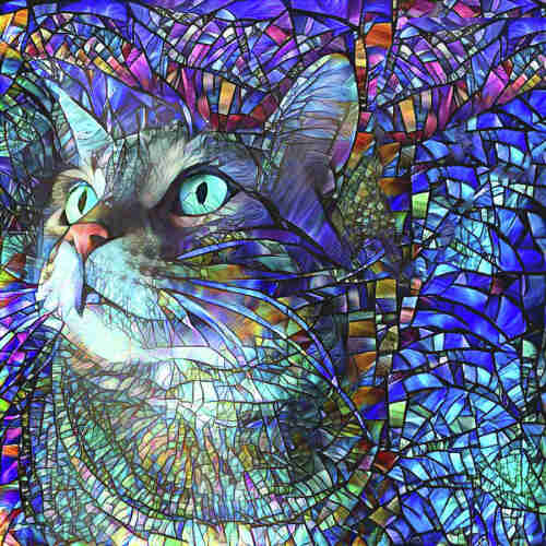 Glass stained artwork of a cat with bright turquoise eyes looking up to the left. The cat as well as the background are mosaic like and coloured in various colours. The main colours uesd are shades of blue and turquoise. 