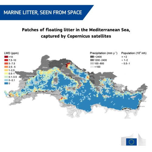 A map showing litter density (parts per million) in the Mediterranean Sea, derived from the satellite estimates. Scientists have created the most detailed map of marine litter pollution to date.