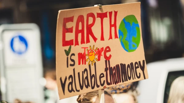Protest sign, held up at a rally, says: "Earth is more valuable than money."
