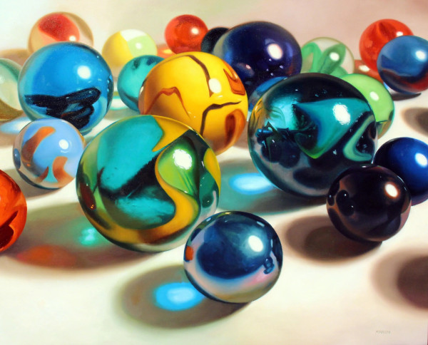 Hyperrrealistic painting of a group of colorful marbles in closeup on a white surface
