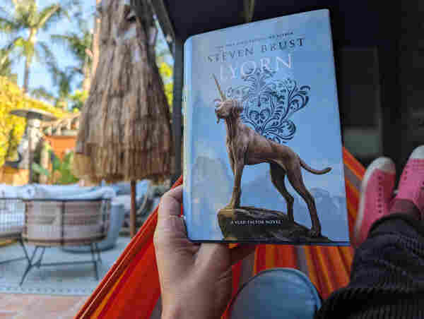 My feet up in my backyard hammock. I'm holding a copy of Steven Brust's yet-to-be-published novel LYORN. In the background: my tiki bar, the neighbor's palm trees.