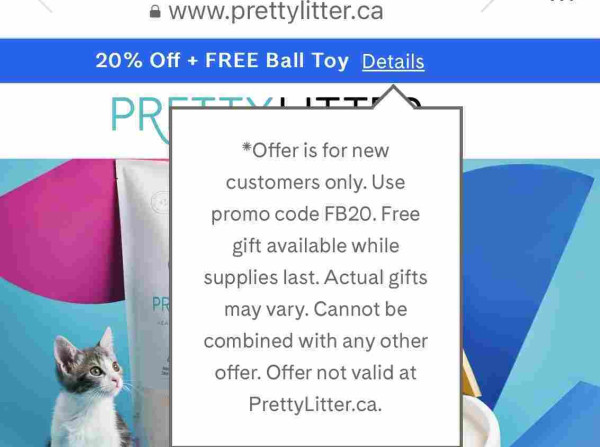 Promotional image for PrettyLitter with a kitten, a product tube, a discount offer, and terms for a promo code.