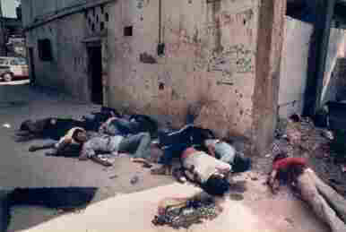 Image shows Bodies of victims of the massacre in the Sabra and the Shatila refugee camp. By http://www.worldpressphoto.org/index.php?option=com_photogallery&task=view&id=182&Itemid=115&bandwidth=high, Fair use, https://en.wikipedia.org/w/index.php?curid=4420117
